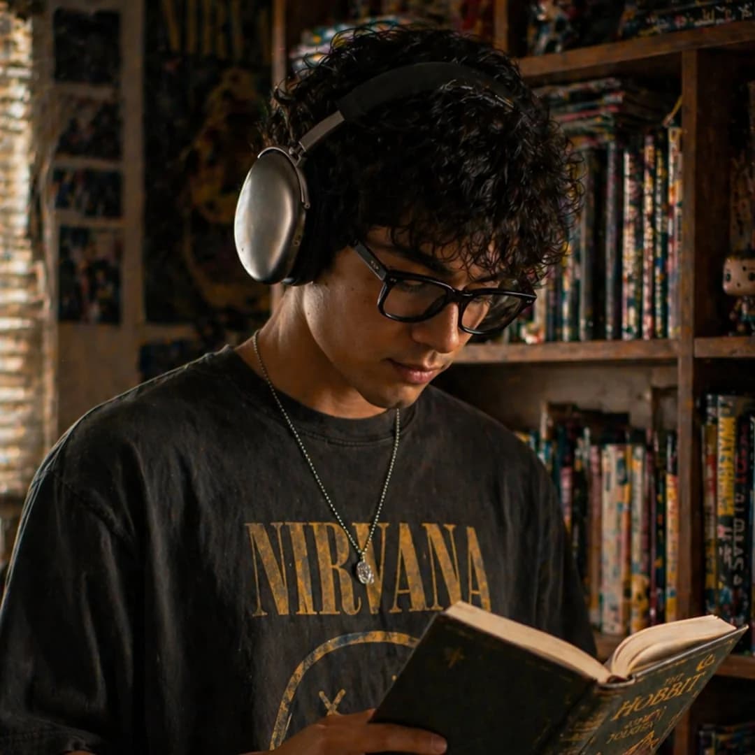 Close-up of a teen in glasses and headphones reading The Hobbit, in front of a Nirvana poster and a wall of books.