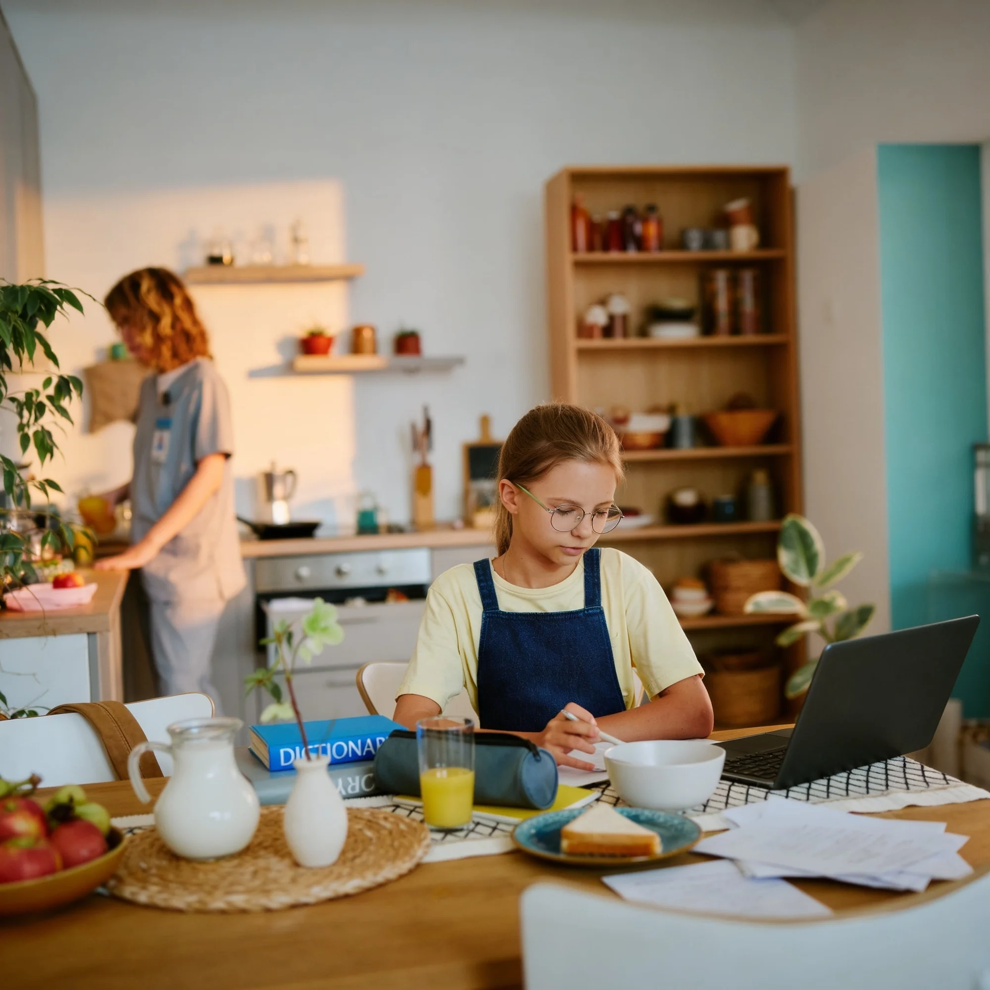 A young girl in glasses and a denim jumper studying at a kitchen table on a laptop while a parent works in the kitchen behind her.