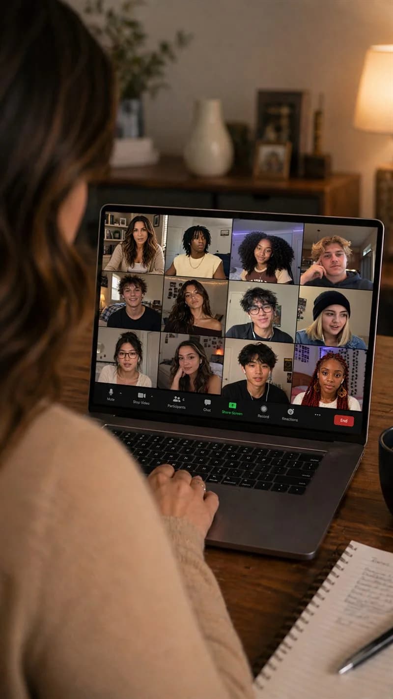 Over-the-shoulder view of a student joining a live online class with a dozen classmates and a teacher on screen.