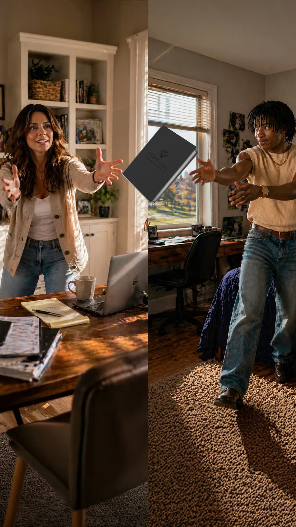 A parent at a kitchen table tossing a Virtual Prep Academy laptop toward her teenage son in his bedroom, both reaching for it across the split frame.